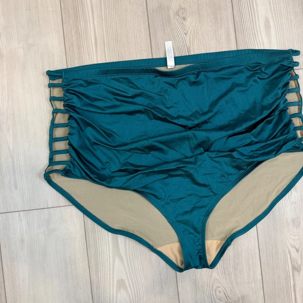 Swim by Cacique Teal Green Ruched High Waisted Caged Side Bikini Bottoms 32